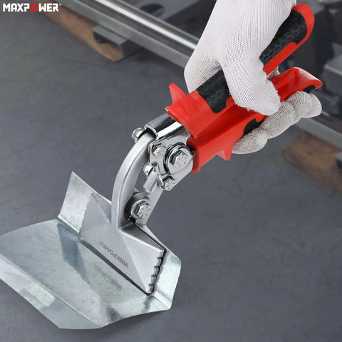 Two Pack Pro Grade Sheet Metal Hand Seamer with 3 Inch Offset Jaw clamping metal sheet, ergonomic red handle, close-up view