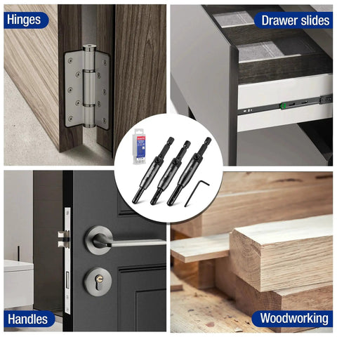 Self Centering Drill Bit Set For Precise Cabinet And Door Installations With HSS VIX Bits shown with hinges, handles, drawer slides, woodworking.