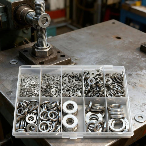 Washer assortment kit: 304 stainless steel lock and flat washers in a 9-compartment organizer; sizes M2–M12.