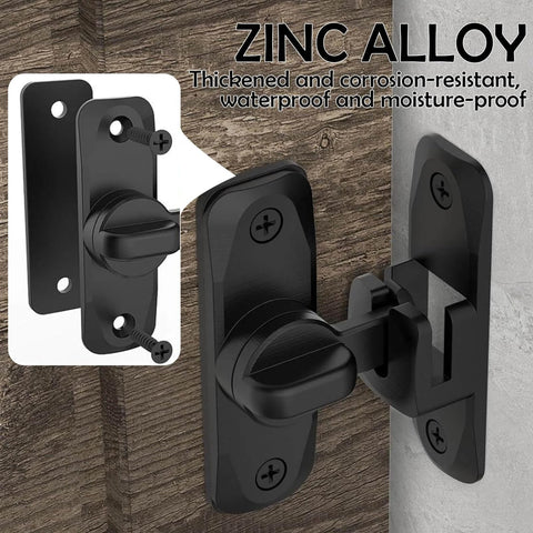 Close-up view of Heavy Duty Black Sliding Barn Door Lock Set, 2 Pack With Adjustable 90 To 180 Degree Latch For Pocket, Screen, And Double Door Use, Tough As Nails For Gates, Cabinets, Sheds, Barns, Includes 8 Screws made of zinc alloy on wooden surface.