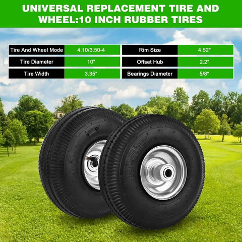 10 Inch Pneumatic Wheel Set With 4.10/3.50-4 Tire, 2.2 Inch Offset Hub And 5/8 Inch Bearings for carts in park setting