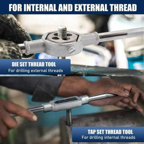116 Piece Tap And Die Set With SAE And Metric Taps And Dies For Threading And Rethreading Internal And External Threads M3 To M18 Includes Tap And Die Wrenches Thread Gauges Screw Extractors Screwdriver Punch T Handle And Storage Case A Real Workhorse Kit in use showing die and tap threading tools.