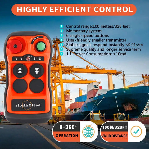 Front view of 4 Channel Wireless Crane Remote Control Kit 12V 24V With EU Emergency Stop with harbor background