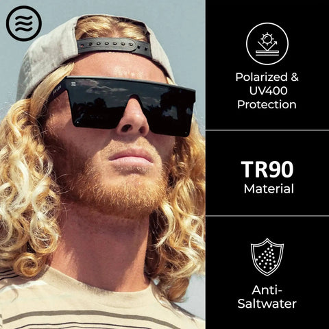 Man wearing Polarized Work Sunglasses With Dope Side Shield Frames And Black Matte Finish, UV Protection, built for nightlife and day jobs.