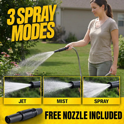BIONIC STEEL 50 ft stainless steel garden hose with sprayer nozzle; three spray modes and free nozzle included.