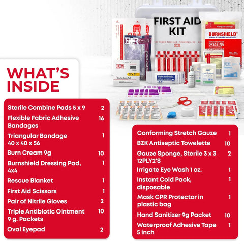 Contents of the 10 Person First Aid Kit with OSHA and ANSI compliance, featuring bandages, ointments, and emergency supplies for worksites.