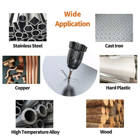 Image of One Eighth Inch Cobalt Drill Bit Set, HSS M35 Metal Drill Bits for Steel Stainless Steel Cast Iron Wood and Hard Plastic, Twenty Piece RCINDUS Set for Pro Level Drilling, showing drilling into metal with examples of materials.