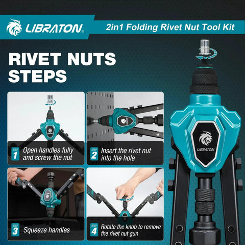Two In One Rivet Nut Tool And Rivet Gun Kit Folding Heavy Duty Hand Tool With 11 Mandrels And 5 Nose Pieces Includes 100 Nuts And 200 Pop Rivets For DIY And Repair shown in operation