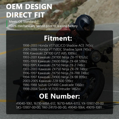 Motorcyclist riding on road with fitment and OE number details for Easy Swap Inline Fuel Pump 12V For Honda Shadow VT750 750 1998 To 2003 And CBR600F 1987 To 1990 Direct Fit Replacement With Two Fifth Inch Inlet And Outlet For Reliable Motorcycle Fuel Delivery.