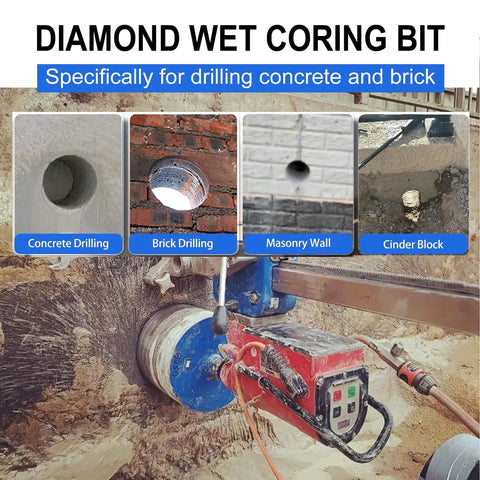Diamond Core Drill Bit Set For Concrete Masonry, 2 1/2 Inch Diameter, 10 Inch Drilling Depth shown drilling concrete and brick