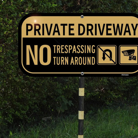 Private Driveway No Parking No Turn Around Sign Aluminum Reflective Weatherproof Outdoor 12x6 Inches Two Pack UV Protected Black And Gold Driveway Warning For Private Property