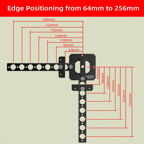 Go-To Precision 20mm Bench Dog Hole Drill Guide And Template with edge guide measurements from 64mm to 256mm.