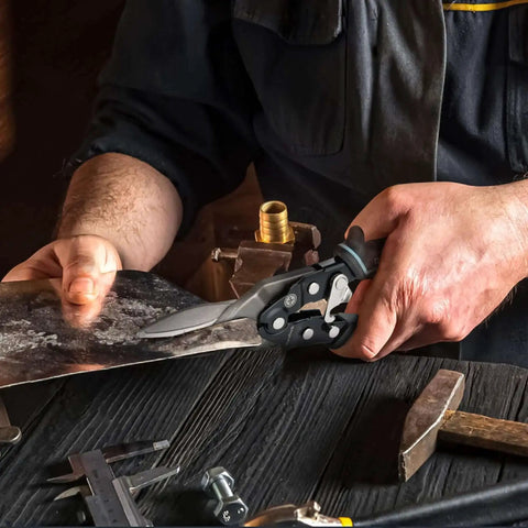 Person using 3 Piece Aviation Snips Set With 10 Inch Left Cut Straight Cut And Right Cut Tin Snips For Cutting Metal Sheets