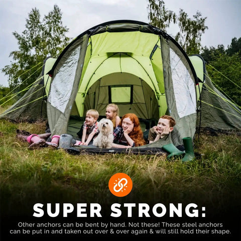 Family in tent secured by Heavy Duty Steel Screw Ground Anchors Set Of 4, 12 Inch Silver Metal Stakes, green tent in forest