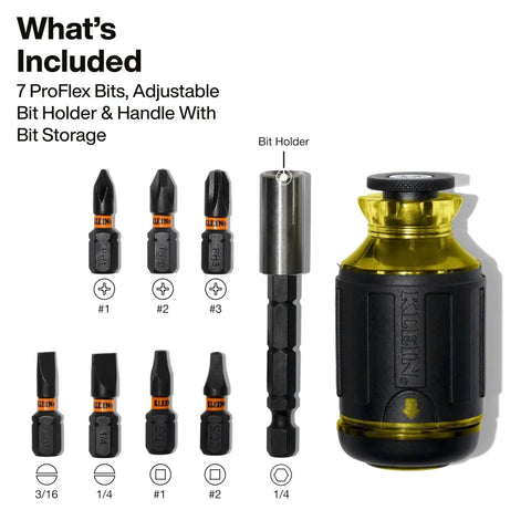 8-In-1 Stubby Screwdriver With Magnetic Handle, bits and nut driver displayed, impact rated, compact tool for tight spots.