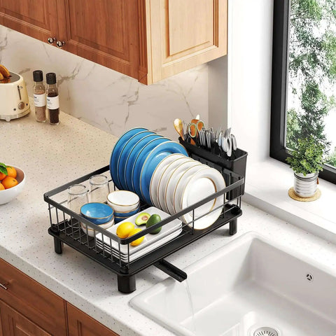 Space Saving Dish Rack For Small Kitchens With Utensil Holder And Drainboard, Angled Drainer, in-use with dishes and silverware