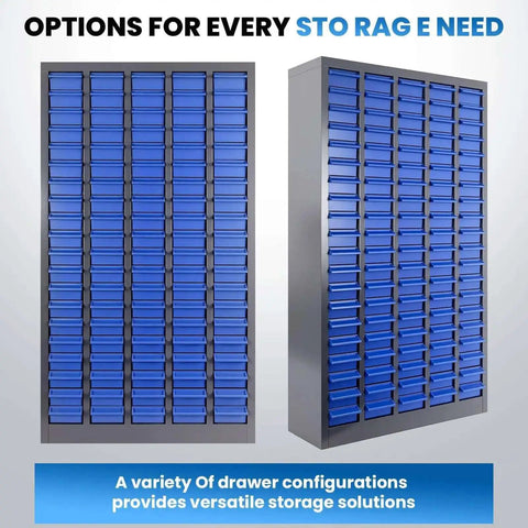 Front and side view of 100 Drawer Parts Cabinet For Tools And Hardware Organization With Alloy Steel Frame And ABS Drawers In Silver And Blue Finish Includes Label Stickers Heavy Duty Garage Shop Storage For Nuts Bolts Electronics And Office.