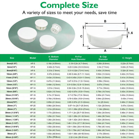 Size chart and dimensions of 1-1/2 Inch Plastic Hole Plugs Flush Snap-In Round Hole Covers for Cabinets, Furniture, Shelves and Cupboards.