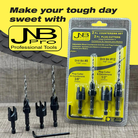 Pro Grade Woodworking Countersink And Plug Cutter Set With Adjustable HSS Drill Bits No 8 And No 12 for 3/8 and 1/2 inch screws in packaging