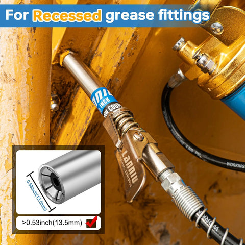 Grease Gun Coupler Kit With 12000 PSI Strength All In One Kit Extra Reach 90 Degree Adapter Precision 2MM Narrow Needle Tip Cleaning Tool Beefy Lubrication Tips For All One Eighth NPT Fittings Designed For Tight Spaces And One Hand Operation installed on machinery