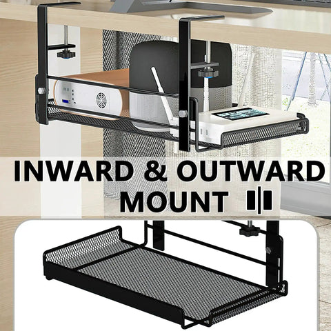 Under Desk Cable Management Tray For Cords And Wires installed with devices, medium fit, black carbon steel, home office organizer
