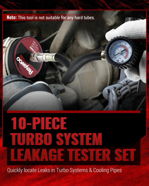 Turbo Boost Leak Tester Kit For Cars And Light Trucks, 10-Piece Set With 4 Pairs Of Stepped Adapters, Gauge Attached to Car Engine