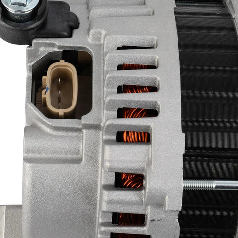 Close-up of Beefed-Up 110A 12V Alternator Replacement For Mazda 5 2008-2010 Grand Touring GS GT 2.3L showing connector and coils