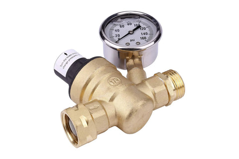 Brass RV water pressure regulator with gauge, 3/4-inch inlet/outlet for campers and trailers.