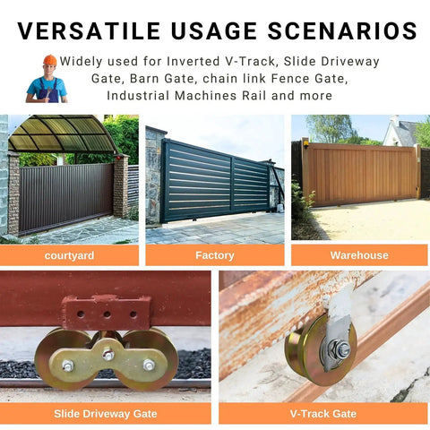 Images showing V Groove Gate Wheel Set 4 Inch Sliding Gate Rollers in various uses: courtyard, factory, warehouse, slide and V-track gates.