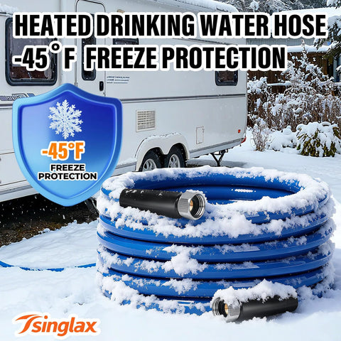 30-ft blue heated water hose for RVs, -45°F freeze protection, lead-free BPA-free, Tsinglax, coiled in snow by an RV