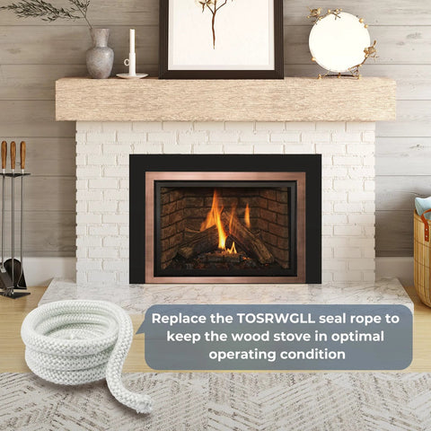 Wood stove door gasket rope, white fiberglass 1in x 10ft, coiled on floor beside the fireplace
