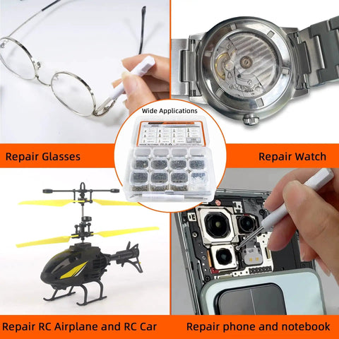 1100Pcs Micro Screw Kit For Eyeglasses And Sunglasses Repair With Magnetic Phillips Screwdriver and tweezers shown with repair applications