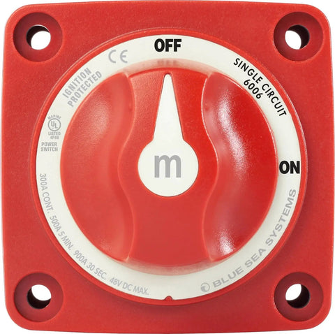 Blue Sea Systems red on/off battery isolator switch with locking key, 6006 m-Series, front view