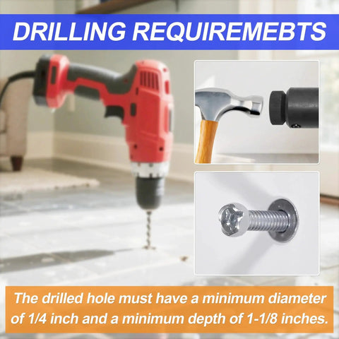 Red power drill and Stainless Steel Screw Anchor Expander For Caulking Anchors Size 3/8-16 shown with drilling requirements.