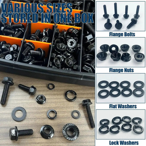 Must Have 400 Piece Metric Flange Bolt Kit With Nuts And Washers 10.9 Grade Black Zinc Bolts M6x1.0 M8x1.25 M10x1.5 For Automotive