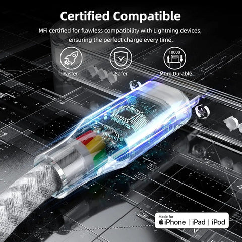 Close-up of MFi Certified Lightning Cable 3 Pack Nylon Braided 10 Ft Fast Charge For iPhone showing internal wiring detail.