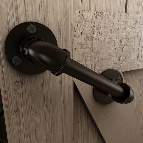 Side view of 9.6 Inch Pipe Barn Door Pull Handle in Black Rustic Industrial Finish, installed on a wooden barn door, matte black iron