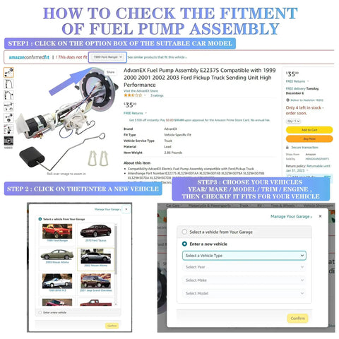 Instructions for checking fuel pump assembly fitment on vehicle using an online platform.
