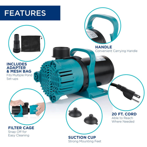 Alpine PEG3000 submersible pond pump, 3000 GPH, teal/black with carrying handle and 20 ft cord for ponds