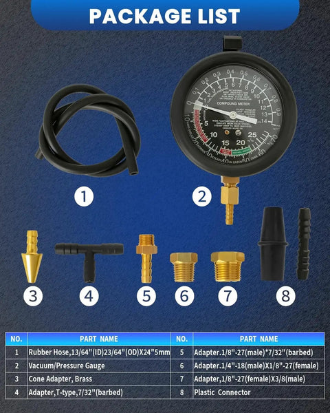 Universal Vacuum Gauge For Cars And Trucks Engine Diagnostics Kit with pressure gauge, hose, and various adapters.