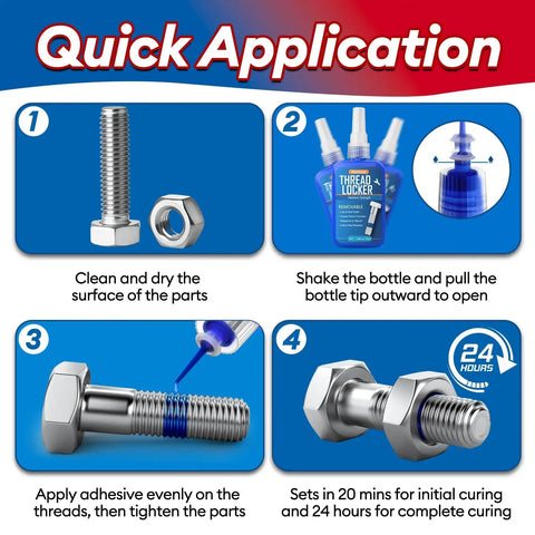 Instructions for using Blue And Red Thread Lock Duo For Nuts And Bolts, Medium Strength Blue And High Strength Red Threadlocker For Fasteners.