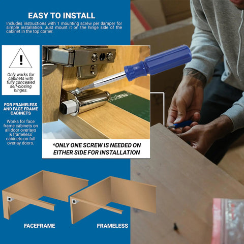 Soft Close Cabinet Damper 5 Pack Polished Nickel Finish Easy Install for Cabinets With Fully Concealed Self Closing Hinges No Sweat Hinge Side Mount in Top or Bottom Corner, shown being installed with a screwdriver in a wooden cabinet hinge area.