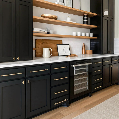 Solid Brass Cabinet Pulls 5 Pack in Brushed Gold Finish Euro Style T Bar Handles on black kitchen cabinets