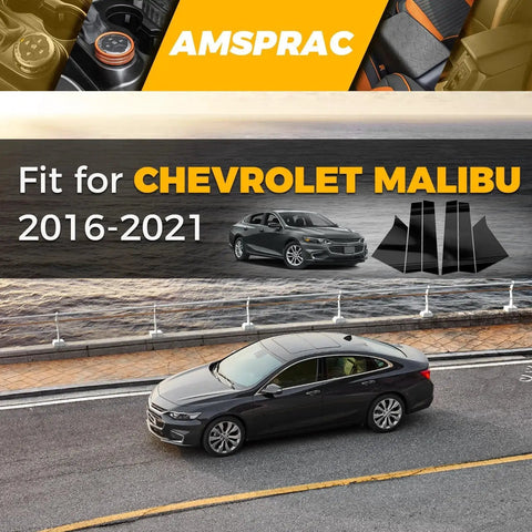 Chevrolet Malibu parked on waterfront road; overlay text promoting Chevrolet Malibu Door Pillar Trim Covers 2016 To 2021 Glossy Black 6Pcs