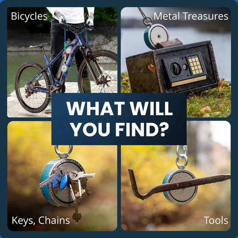 1325 Lb Double Sided Magnet Fishing Kit With Rope Gloves Carabiner Hook 10 Piece capturing various found objects like a bicycle and keys