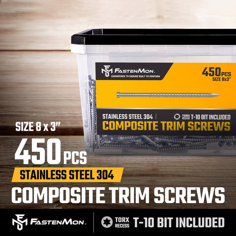 Composite Trim Screws #8 x 3” Stainless Steel 304, 450pcs - Hidden Fastener for PVC & Wood, Outdoor Deck & Exterior, Rust-Resistant T-10 Star Drive, 4lbs - Canadian Ball Bearing Supplier.