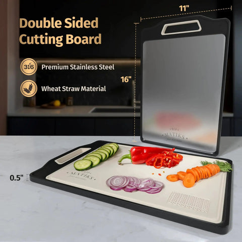 Large 16 By 11 Inch Stainless Steel Cutting Board Set Double Sided With A Stainless Meat Surface And Wheat Straw Produce Surface