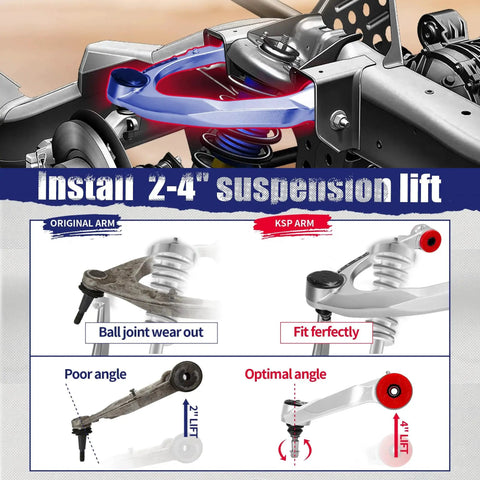 Beefy Aluminum Forged Upper Control Arms For 2 To 4 Inch Lift With Flexible Ball Joint 2 Piece Set shown in installation comparison