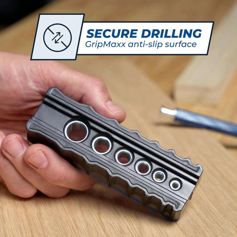 Person holding Portable Drilling Guide With Six Hardened Drill Guides For Precise Carpentry Holes And Quick Setup For DIY Projects