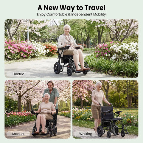 Electric foldable wheelchair for adults with removable battery; black frame, park scene (front view collage).